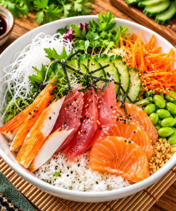 Frischer Lachs, frischer Thunfisch und Surimi